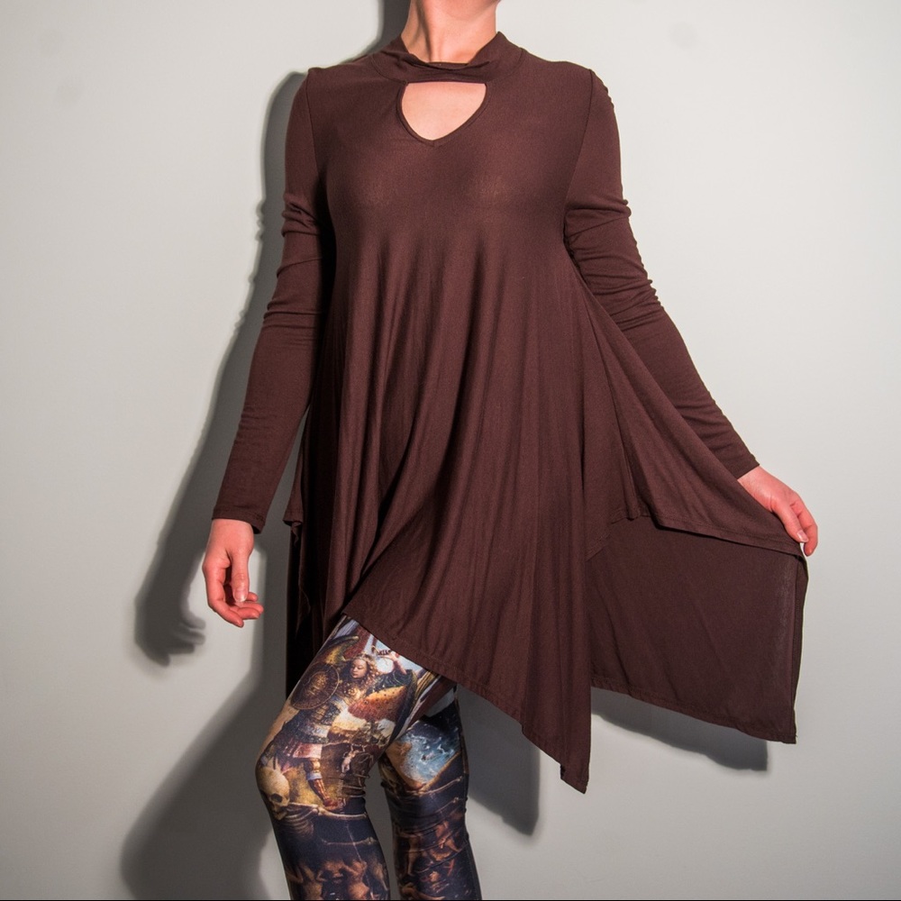 Brown Cutout Asymmetrical Hem Tunic Top / Dress